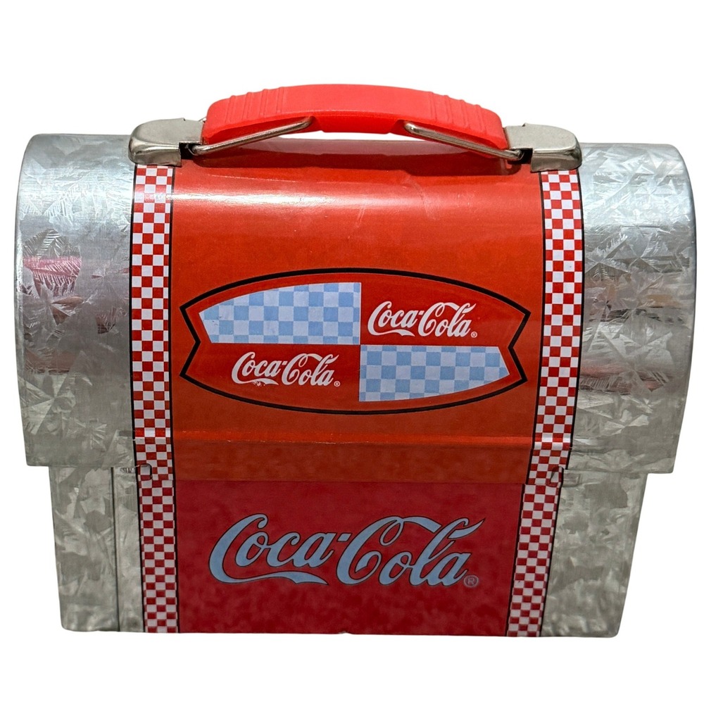 Coca-Cola Vintage Workbox Tin Lunch Box Dome Top Red Checkered 6in Metal Small